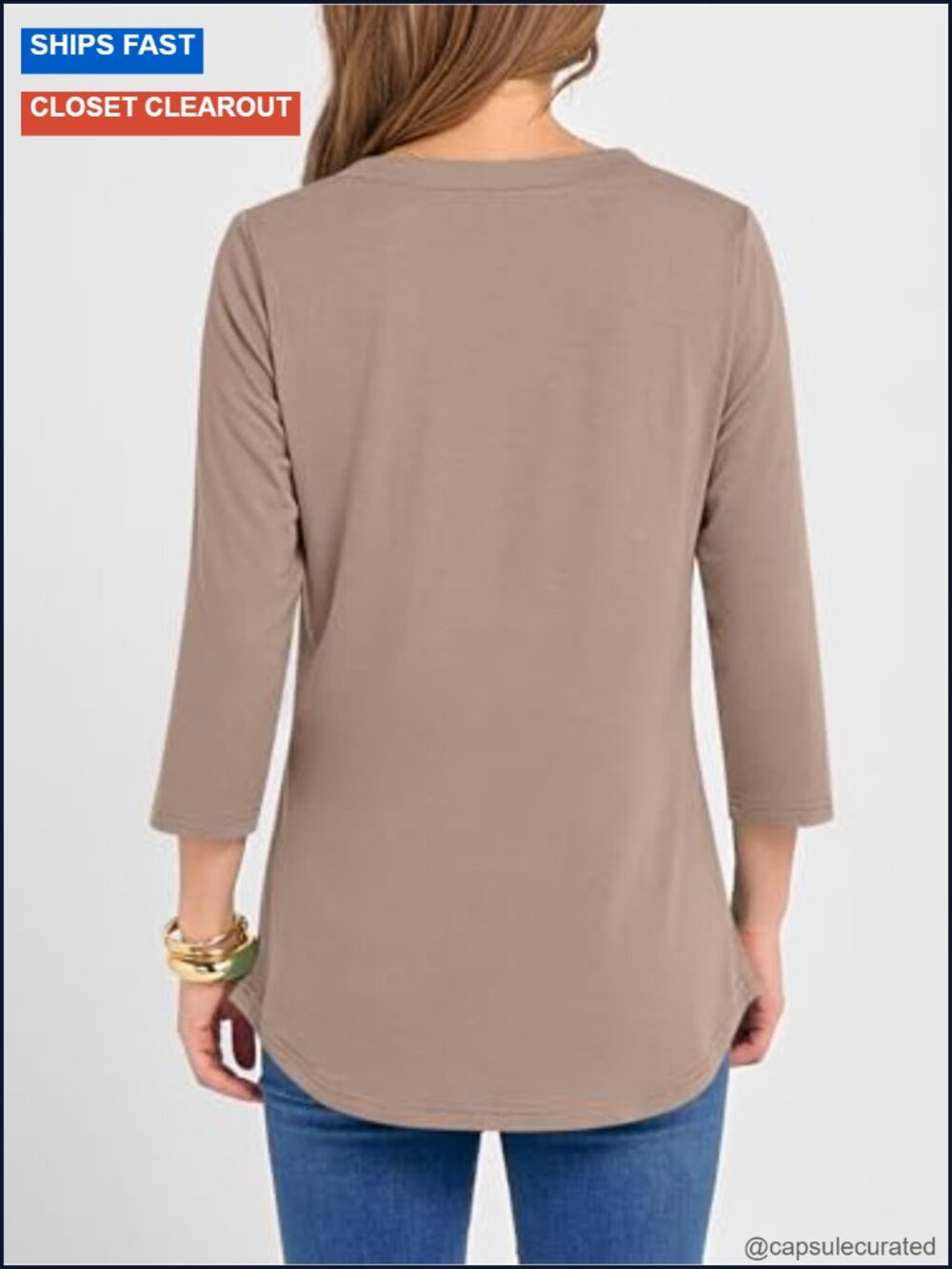 Women 3/4 Sleeve V Neck Henley Tunic Top Loose Fit Office Casual Tee - Picture 3 of 6